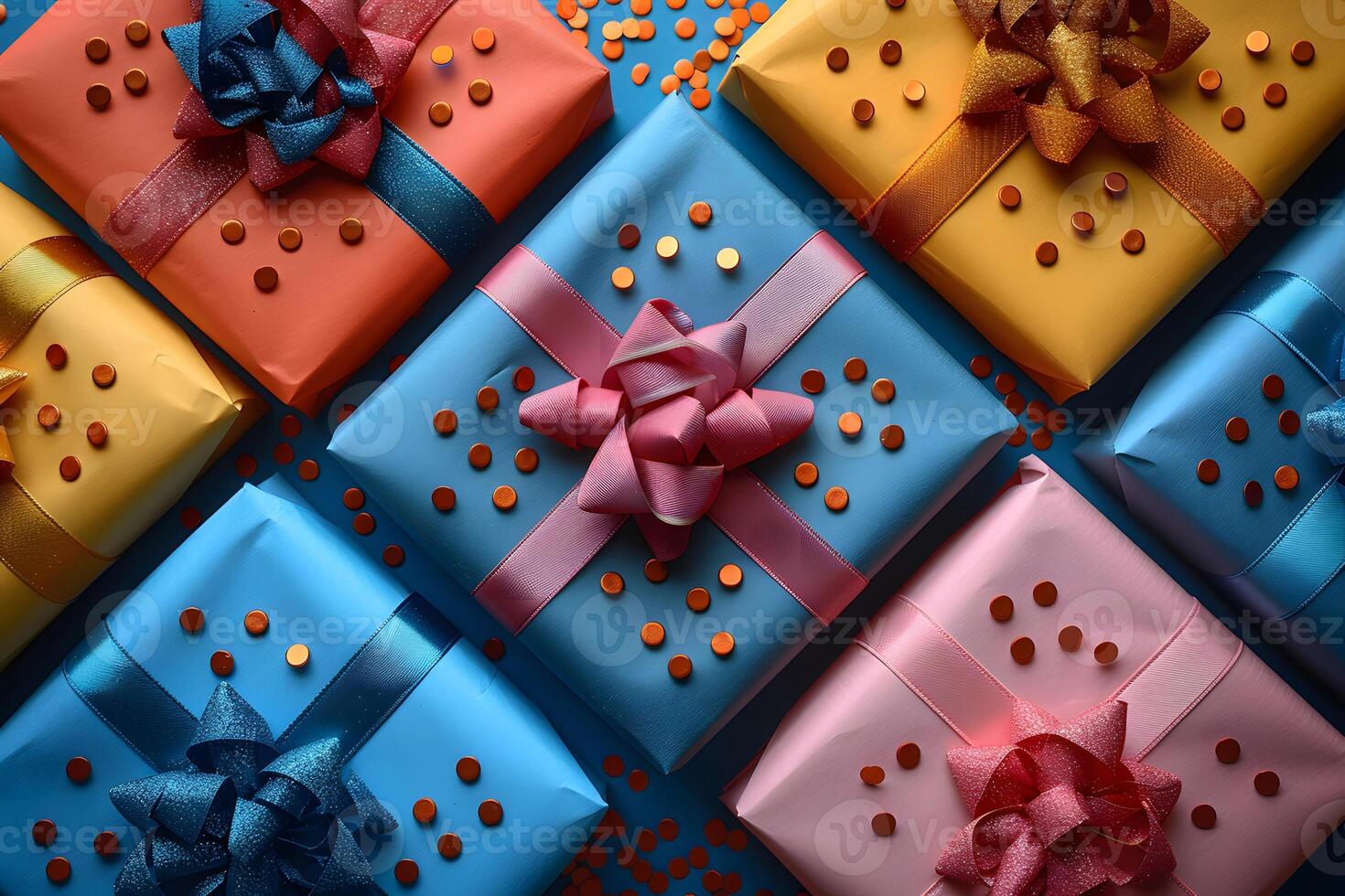 Colorful Vibrant Presents with Glamorous Bows and Confetti on Blue Background for Celebrations and Gifting photo