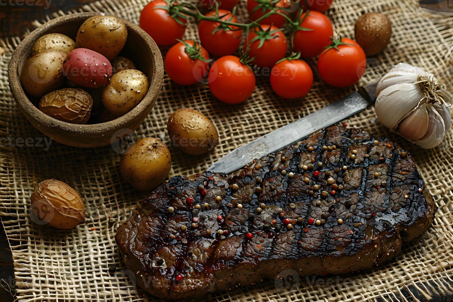 Grilled Steak with Peppercorn, Cherry Tomatoes, and Baby Potatoes on Burlap for Rustic Culinary Design photo