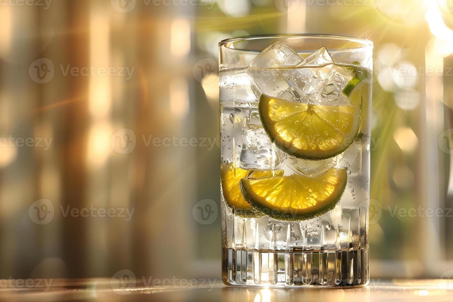Refreshing Summer Beverage with Lime Slices on Ice in Sunlight - Perfect for Seasonal Posters and Recipe Illustrations photo