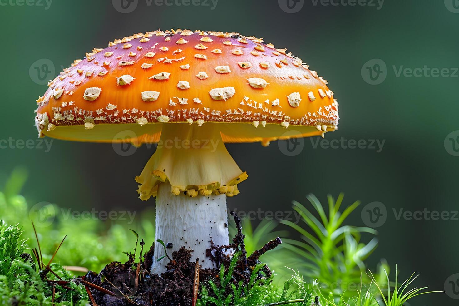Close-Up of Vibrant Amanita Mushroom in Green Forest Setting - Nature, Fungi, Mycology photo