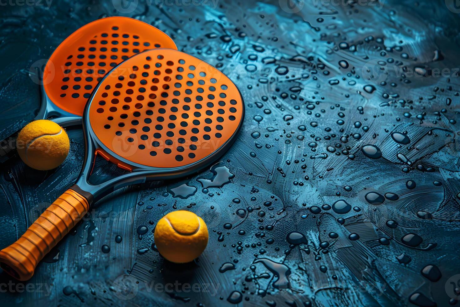 Paddle Tennis Rackets and Balls on Water-Dappled Surface - Sports Equipment for Recreational Play photo
