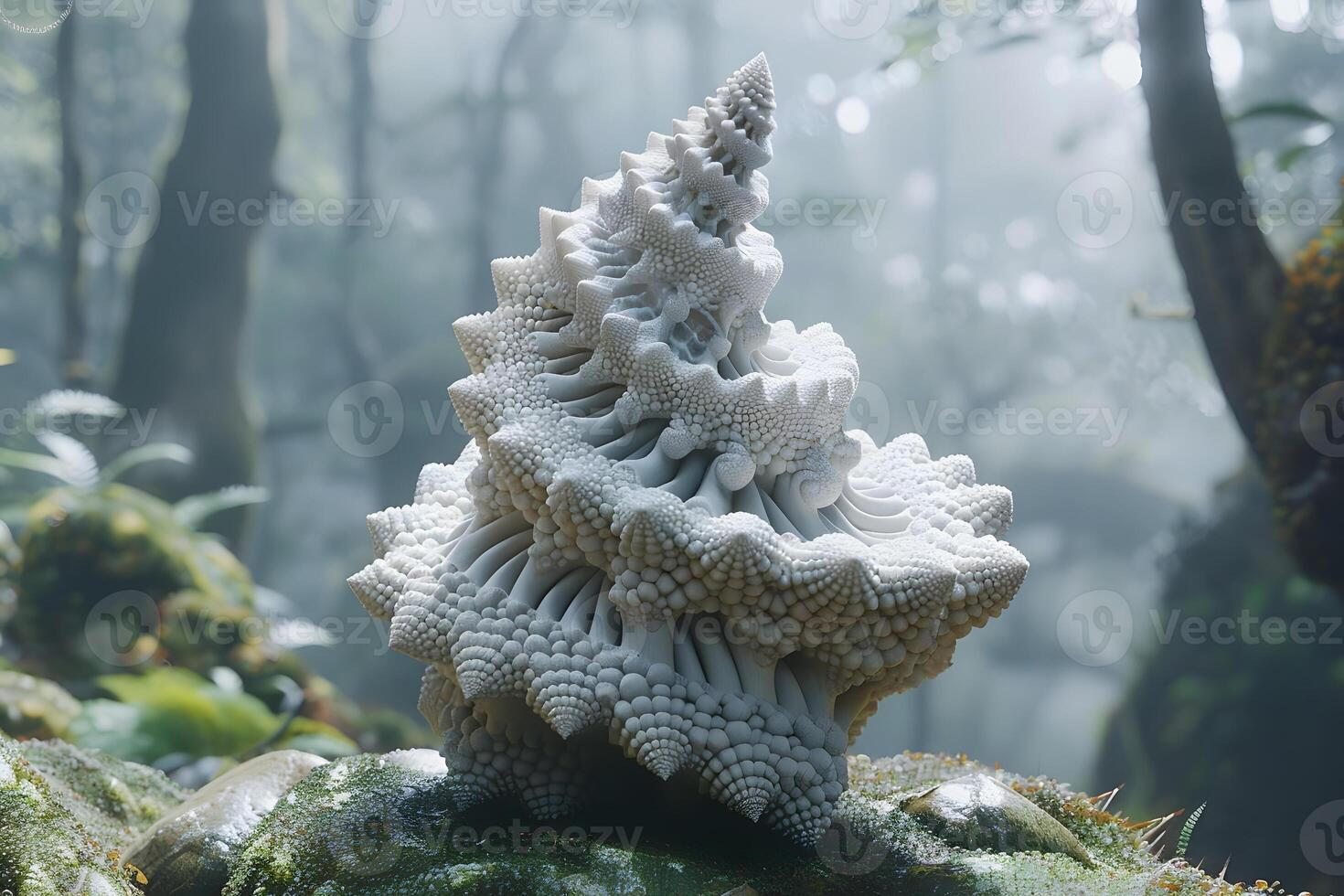 Organic Spiral Sculpture in Misty Forest - Nature-Inspired Art for Posters, Prints, and Digital Media photo