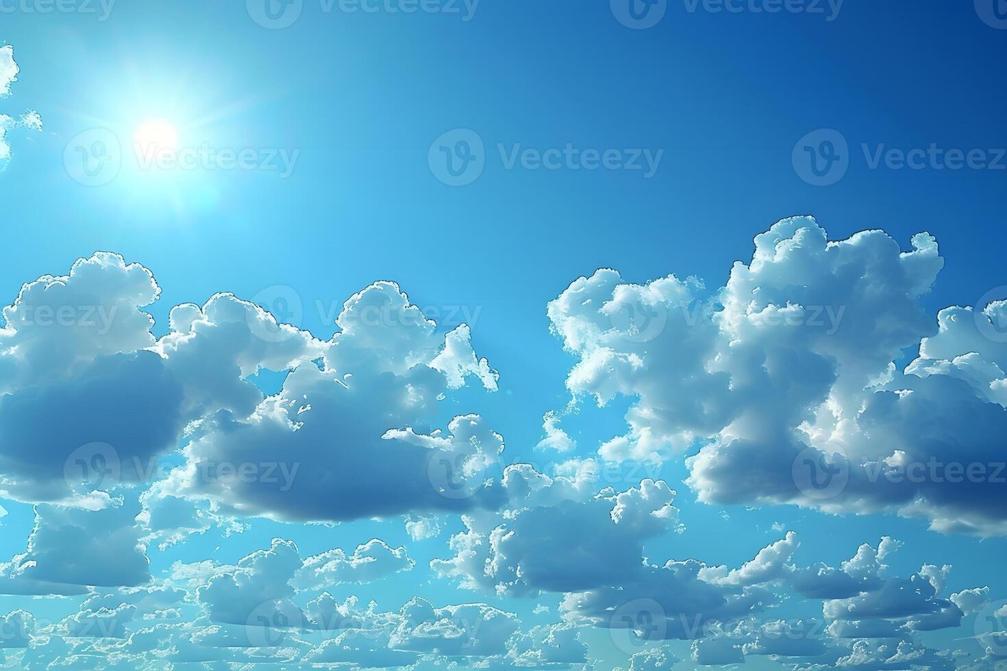 Bright Summer Sky with Fluffy Clouds and Shining Sun - Ideal for Backgrounds or Design Projects photo