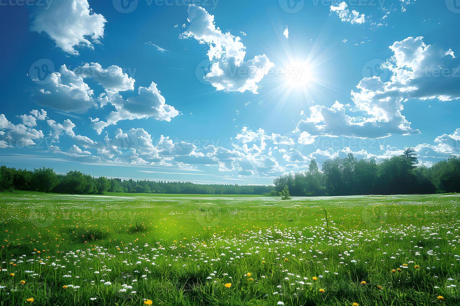 Sunny Summer Landscape with Field of Wildflowers and Fluffy Clouds - Ideal for Nature Poster or Card Design photo