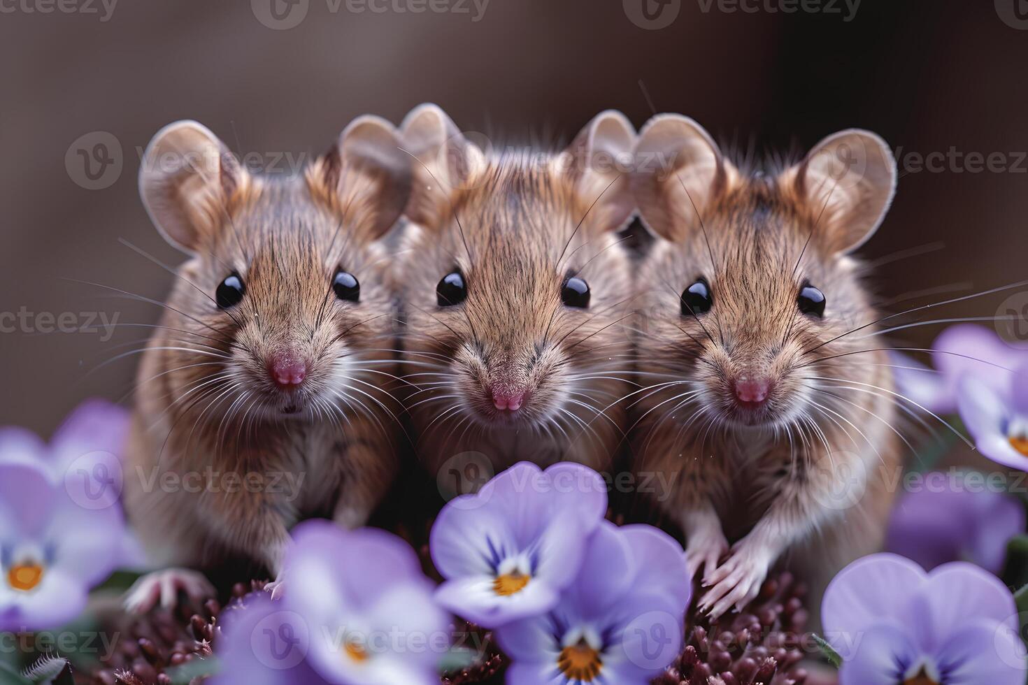 Trio of Adorable Mice Among Purple Flowers - Nature, Wildlife Photography for Posters or Cards photo