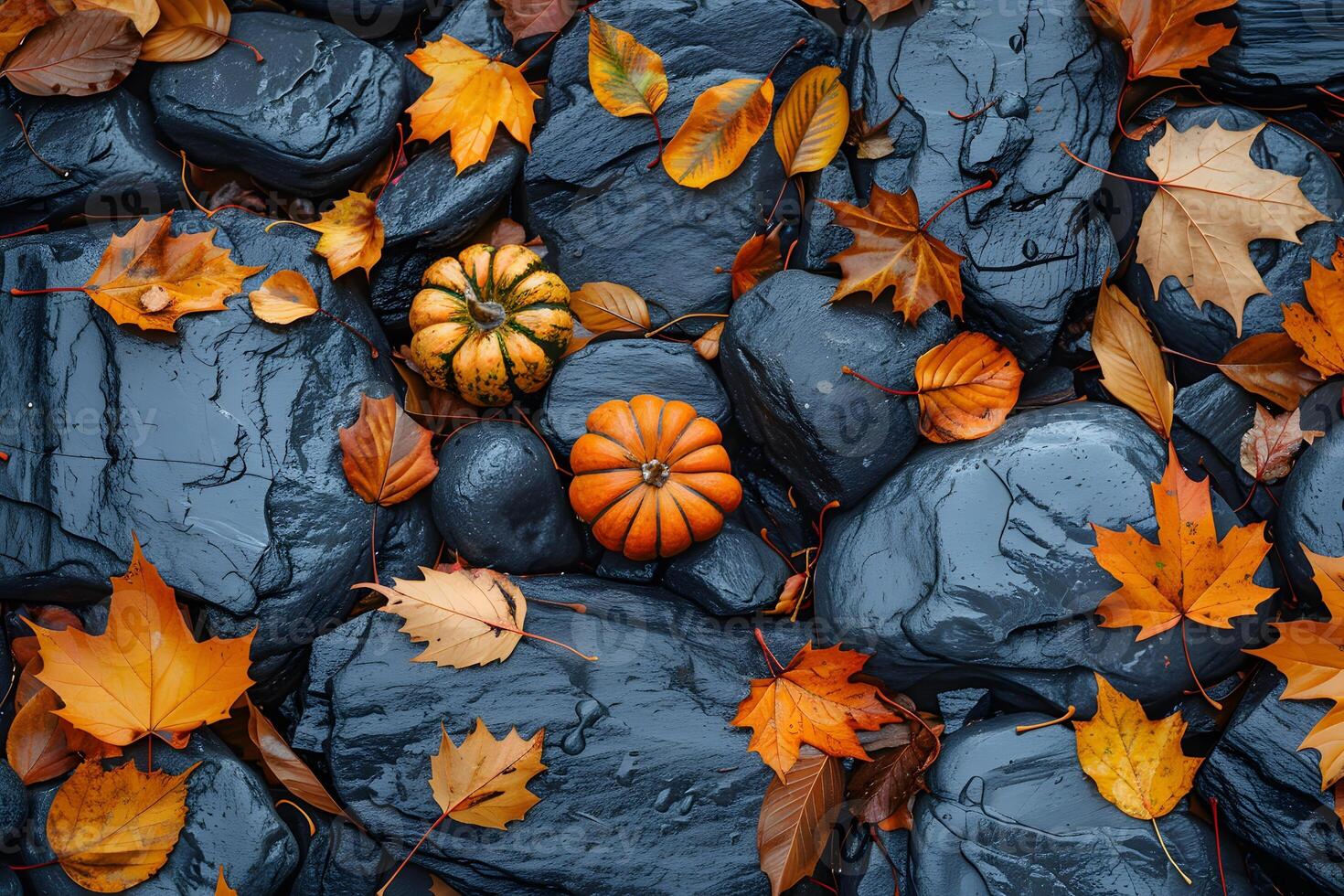 Autumn Harvest with Pumpkins and Fallen Leaves on Wet Rocks - Nature, Seasonal, Thanksgiving Decor photo