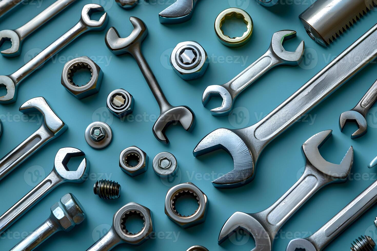 Assorted Wrenches, Nuts, and Bolts on a Blue Background for Industrial Design and Workshop Tools Concept photo