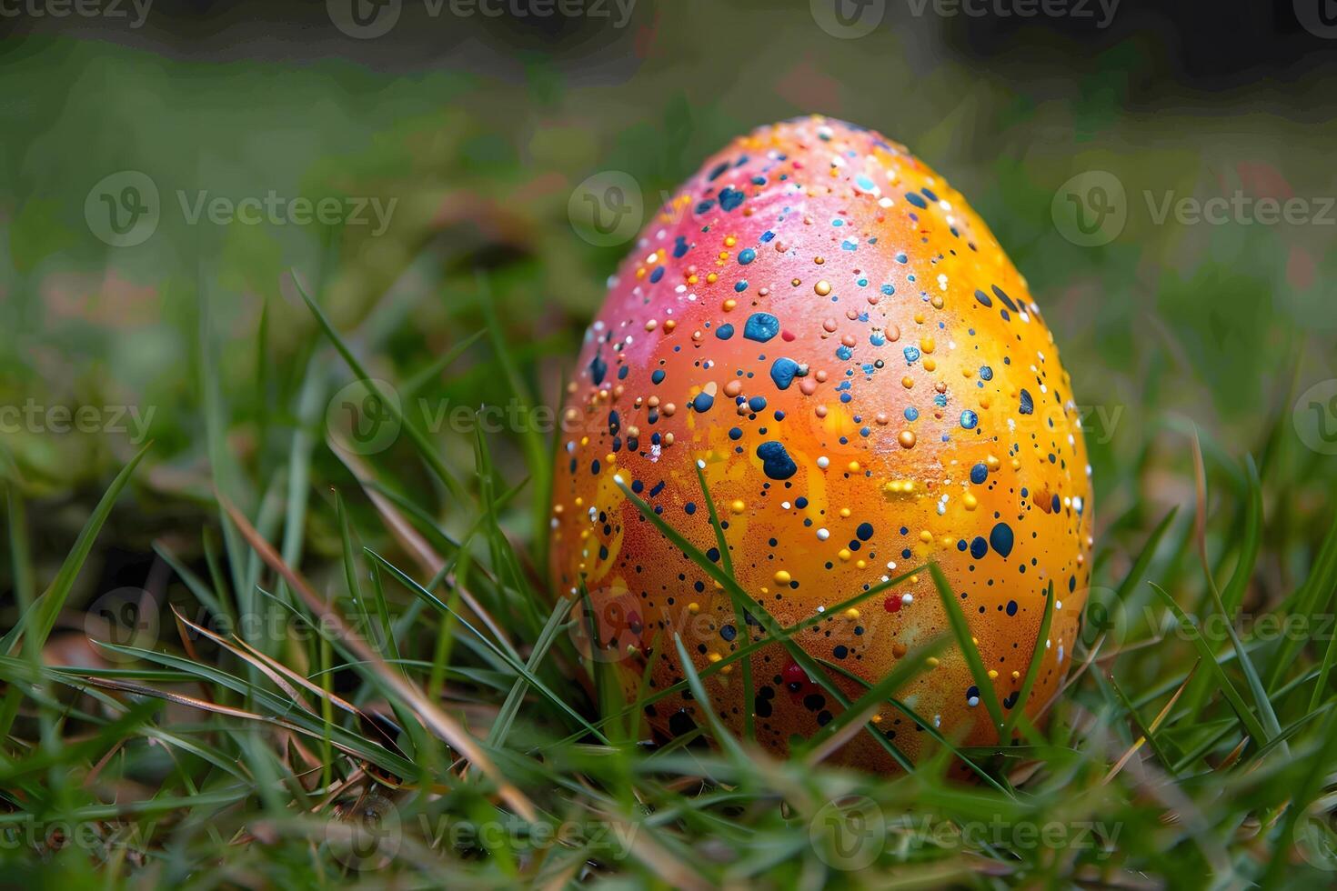 Vibrant Speckled Easter Egg in Dewy Grass - Perfect for Spring Holiday Designs photo