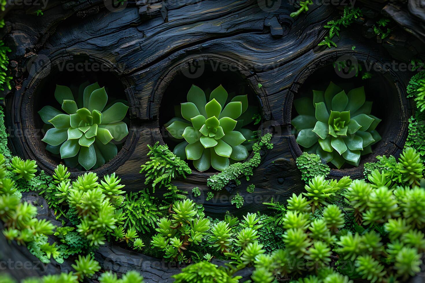 Three Succulent Plants in Wooden Circular Frames - Eco-Friendly Home Decor Ideas photo