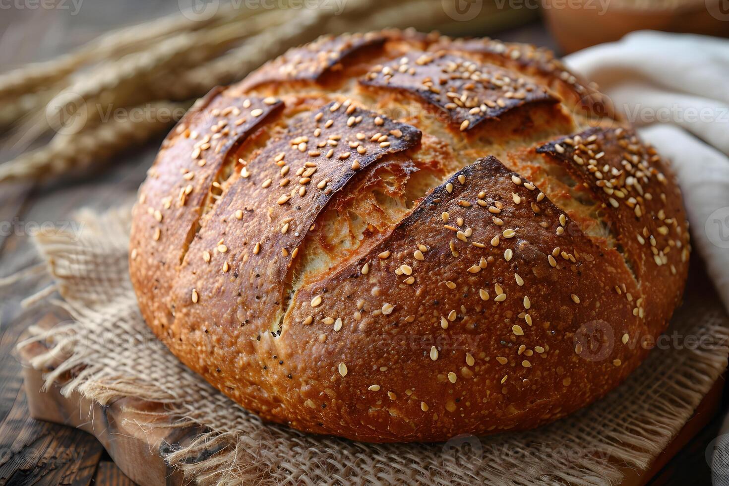 Artisanal Sourdough Bread Loaf with Sesame Seeds on Rustic Burlap - Perfect for Bakery Display, Print, Card, Poster photo