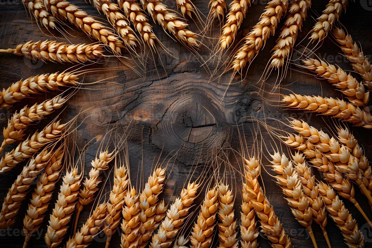 Golden Wheat Ears Arranged in Circle on Rustic Wooden Background Perfect for Agricultural and Harvest-themed Designs photo