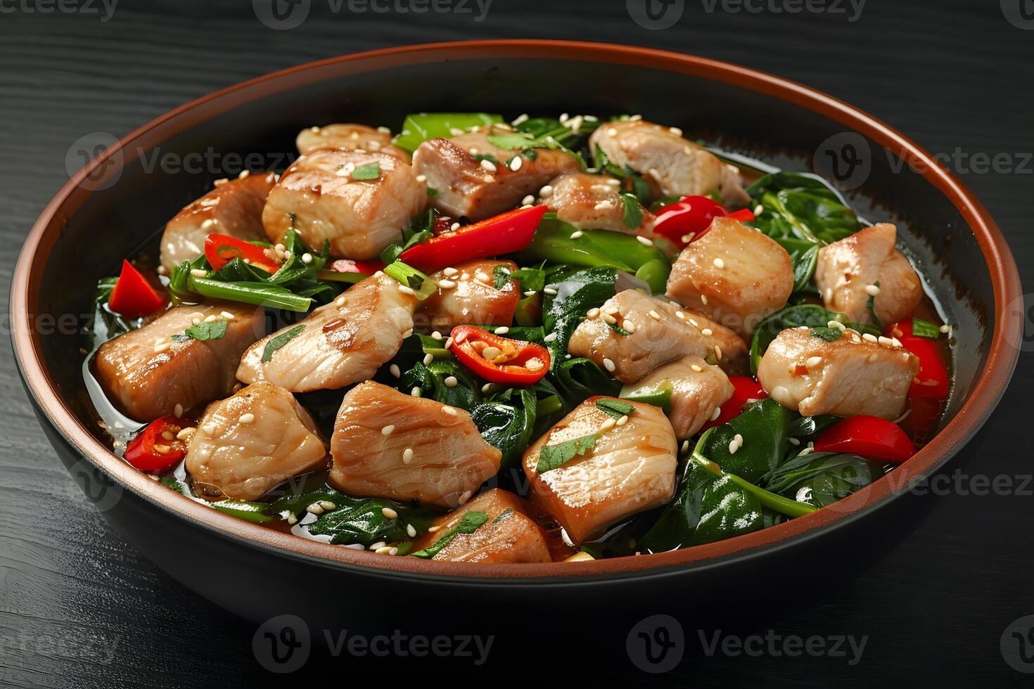 Freshly Cooked Chicken Stir-Fry with Spinach and Red Peppers in a Black Bowl for Healthy Eating and Asian Cuisine Design photo