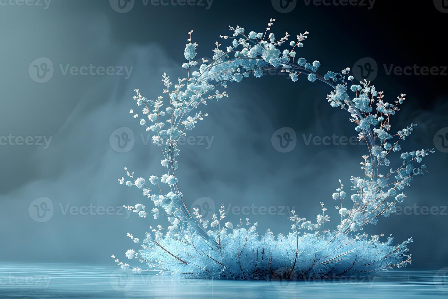Winter-Themed Wreath with Frosted Branches in Mysterious Foggy Atmosphere - Perfect for Holiday Design, Posters, and Decor photo