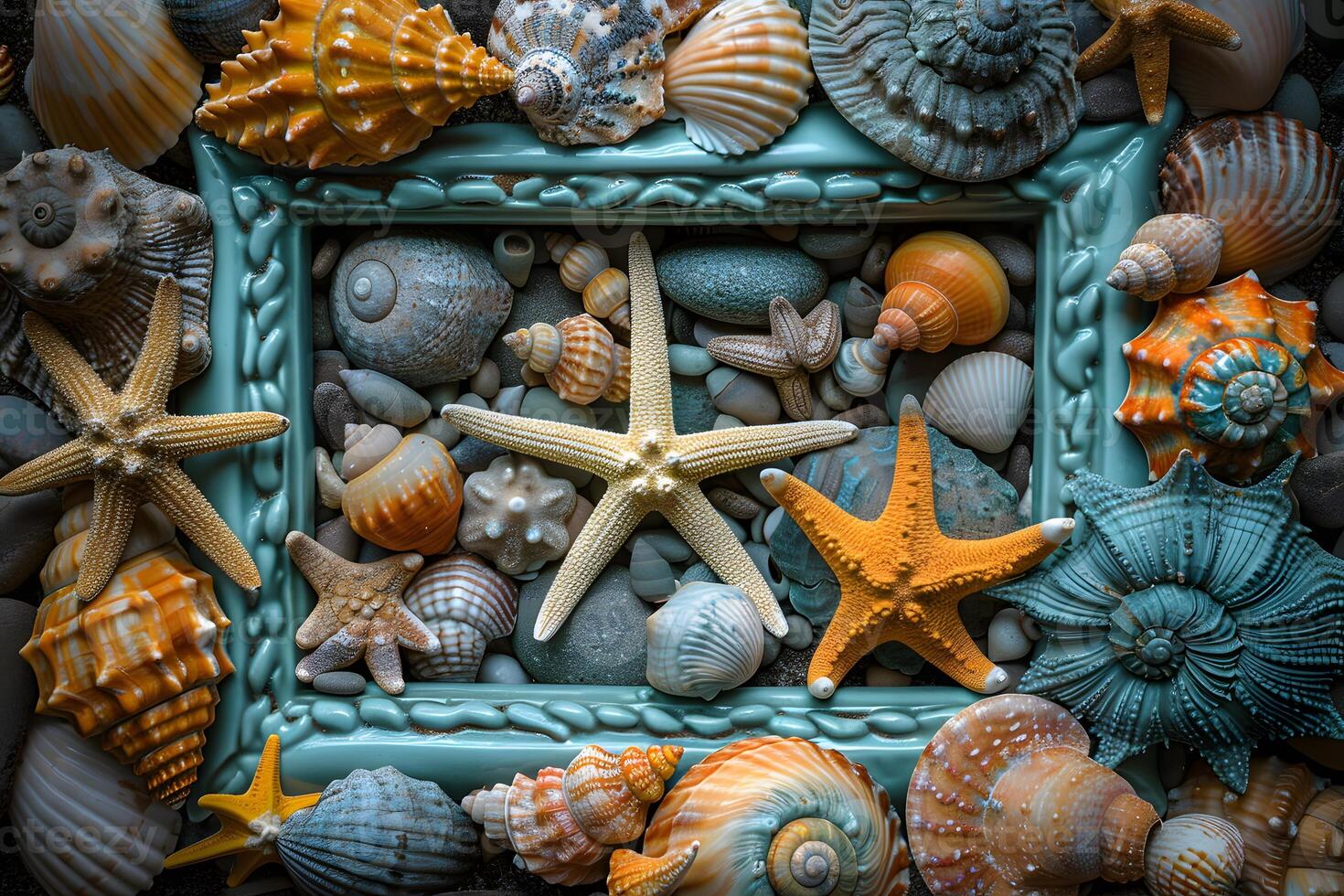 Seashell and Starfish Arrangement with Decorative Frame for Coastal Decor Design photo