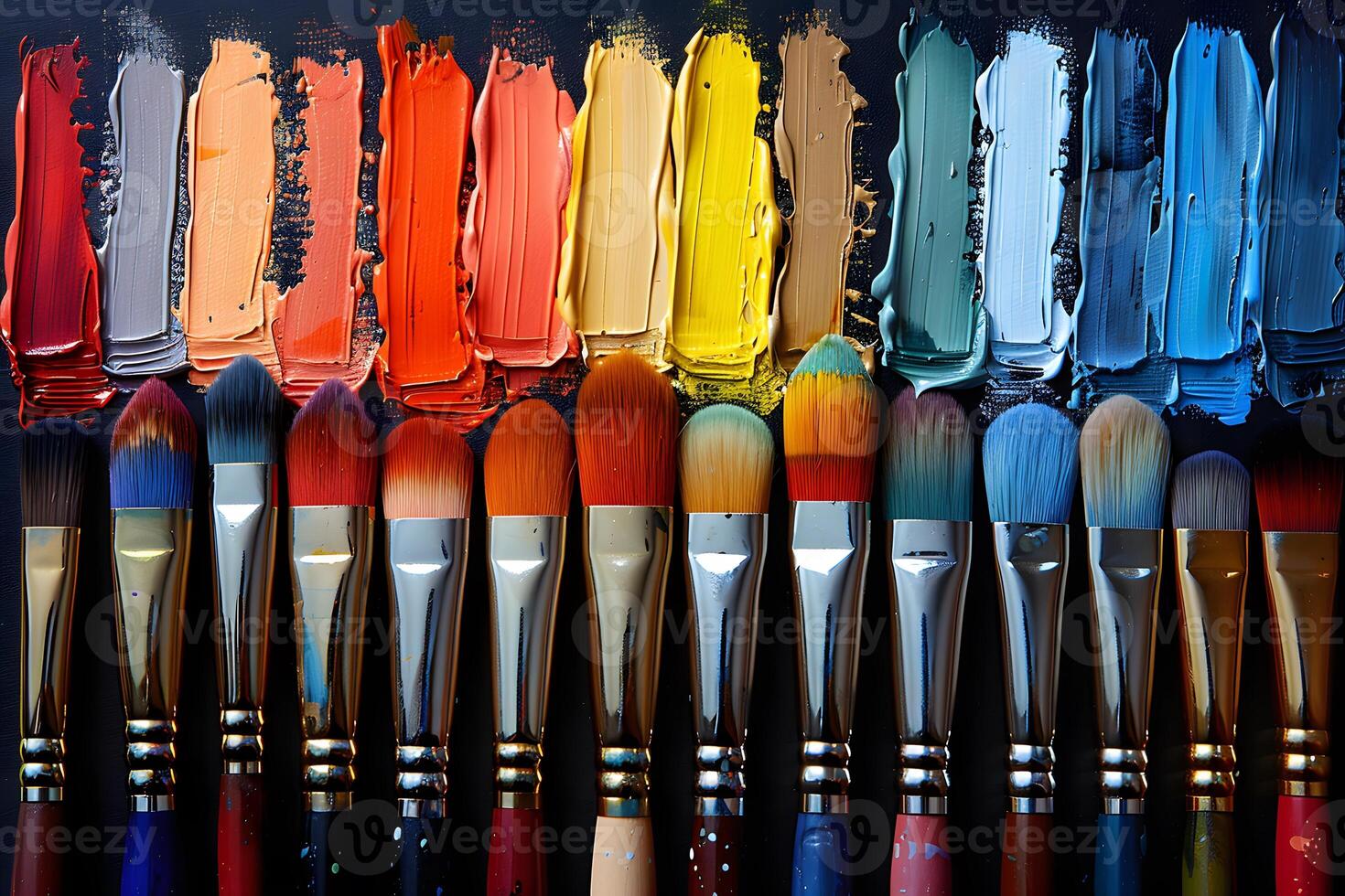 Colorful Paintbrushes and Paint Strokes on Canvas Artistic Tools for Vibrant Creations photo