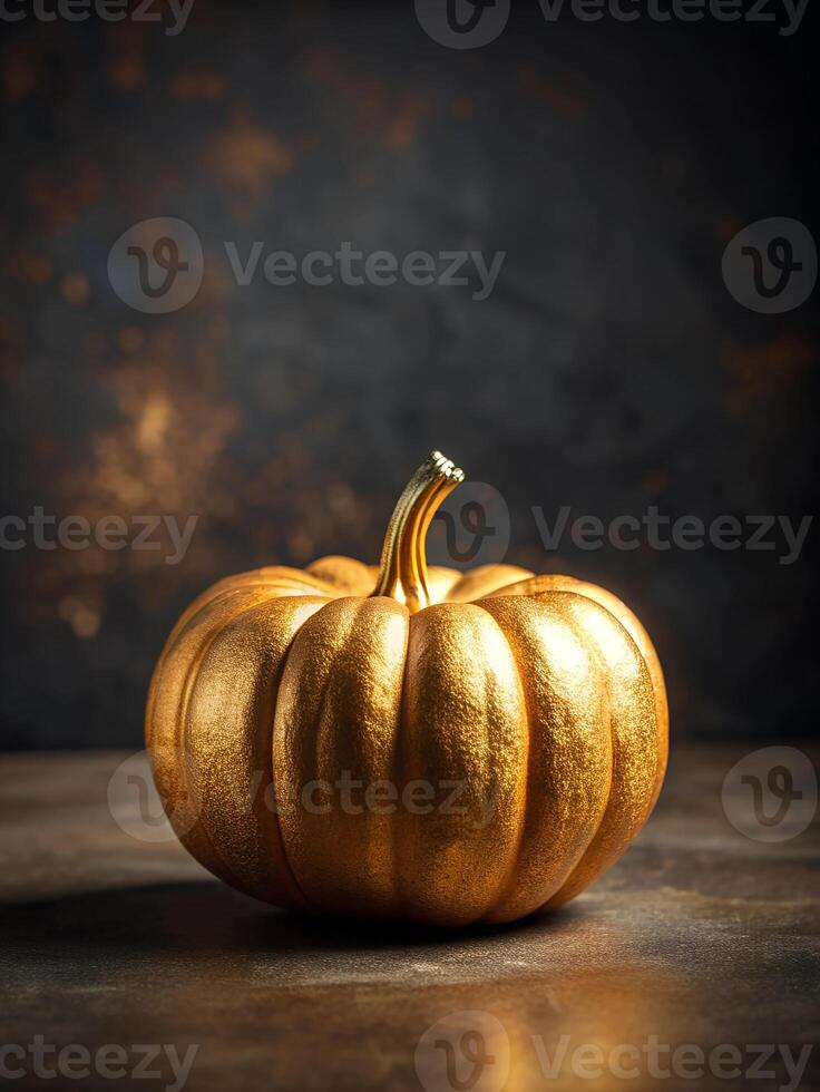 golden pumpkin. squash made of bright gold on a dark background. halloween and thanksgiving concept, free space for text. High quality photo