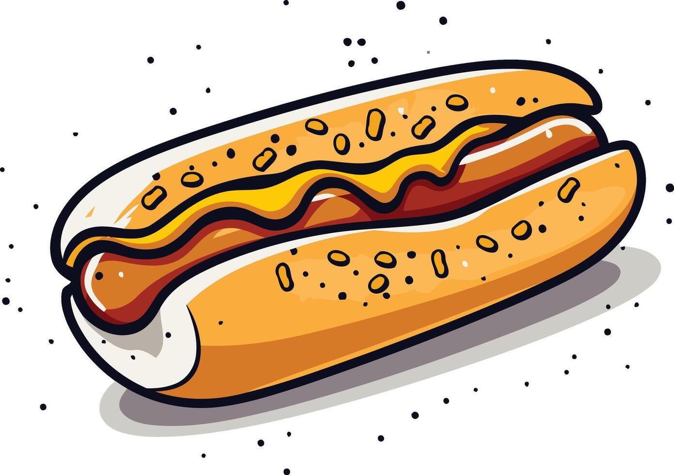 A cartoon hot dog with mustard and a sprinkle of sesame seeds vector