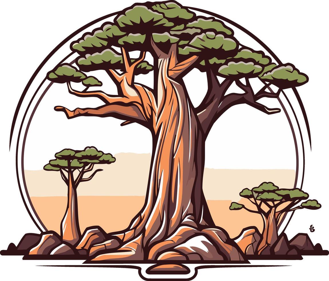 A majestic baobab tree stands tall against a sunset backdrop, evoking a sense of serenity and ancient wisdom vector