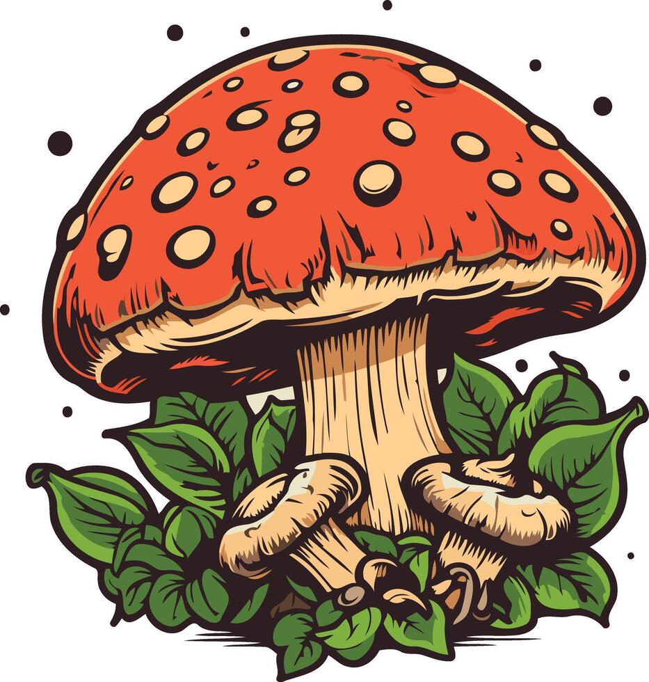 Red Mushroom with White Spots and Green Leaves vector