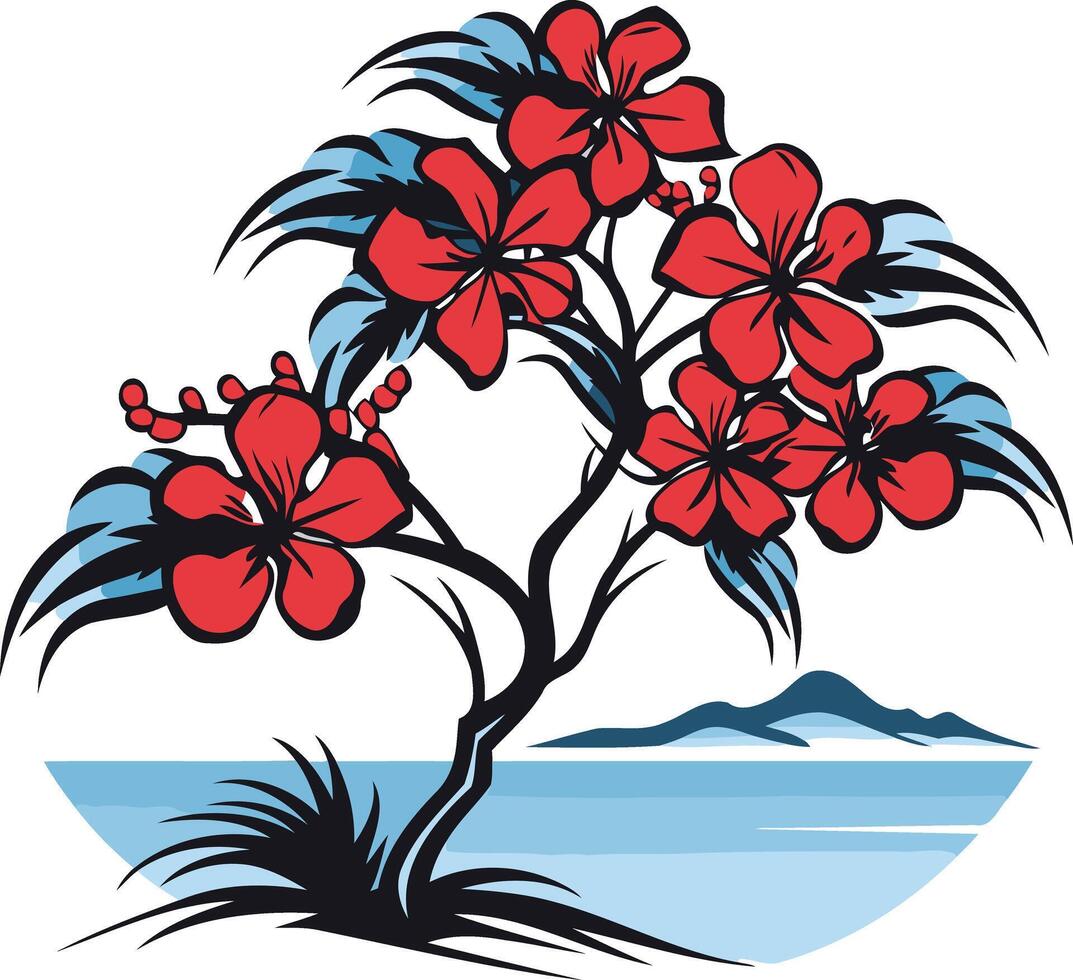 A vibrant illustration of a stylized tropical tree with large red flowers blooming against a blue ocean background vector