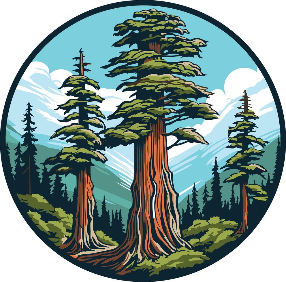A vibrant illustration of three majestic redwood trees in a scenic mountain landscape vector