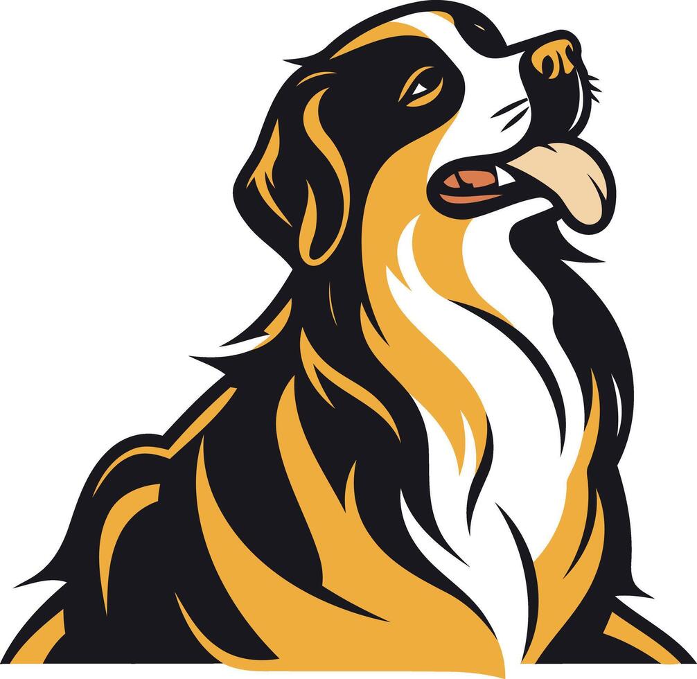 A stylized bernese mountain dog, looking up and howling, in a bold black, white, and gold color scheme vector
