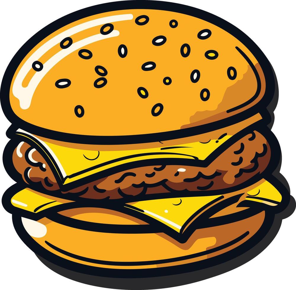 A cheerful cartoon burger with sesame seeds, cheese, and a juicy patty vector