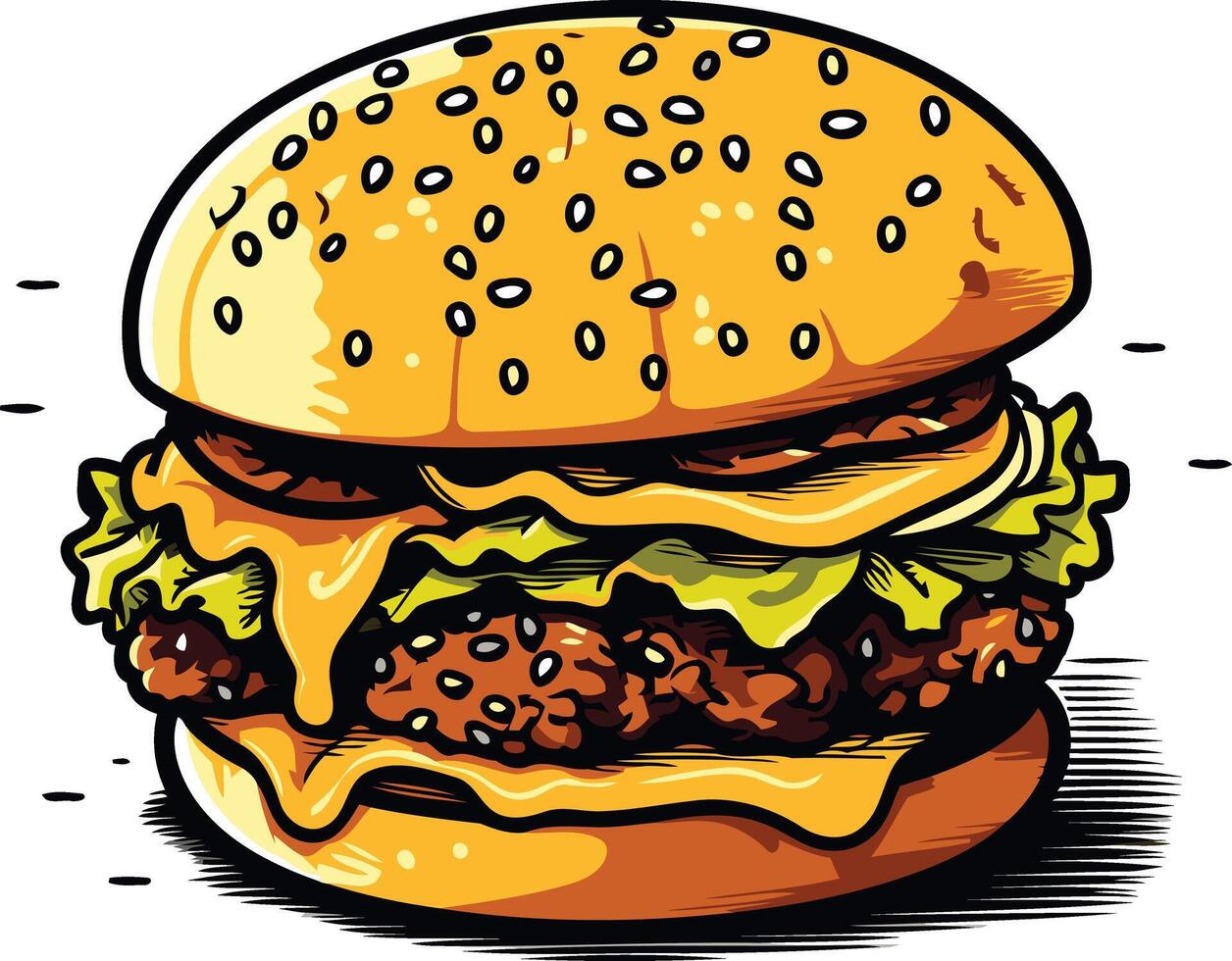 A mouthwatering cartoon illustration of a juicy hamburger with lettuce, cheese, and a sesame seed bun vector