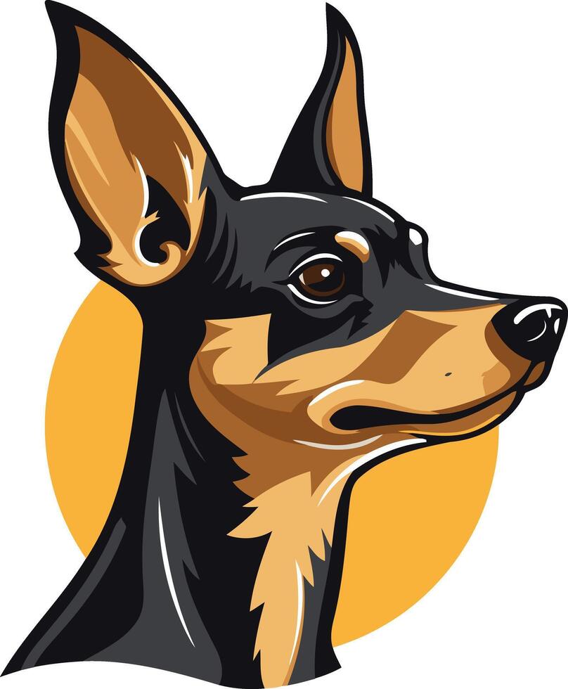 A bold and colorful illustration of a miniature pinscher, perfect for dog lovers, pet product brands, and anyone needing a friendly and energetic design vector