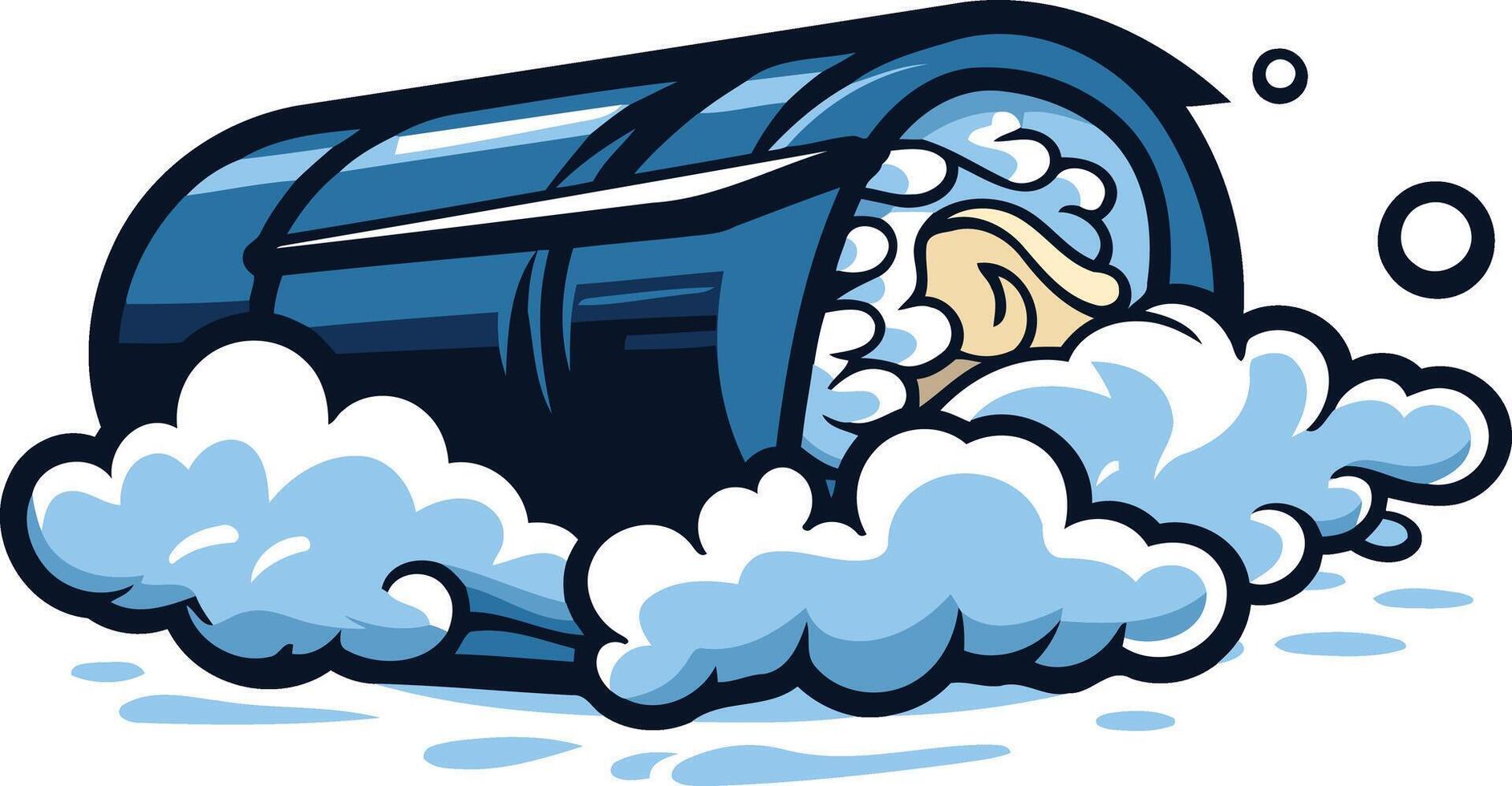 A playful illustration of a cartoon sushi roll, bursting out of a cloud of white foam vector
