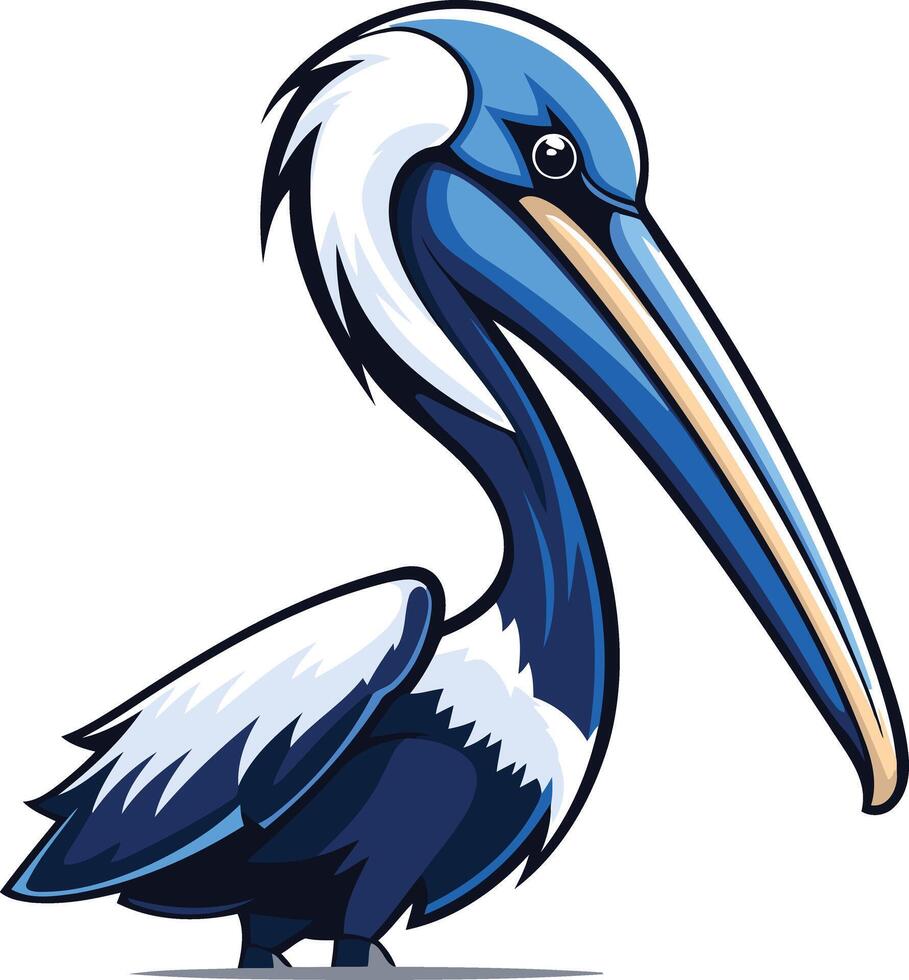 A cartoon pelican with a bright blue and white plumage stands with its head cocked and beak open vector