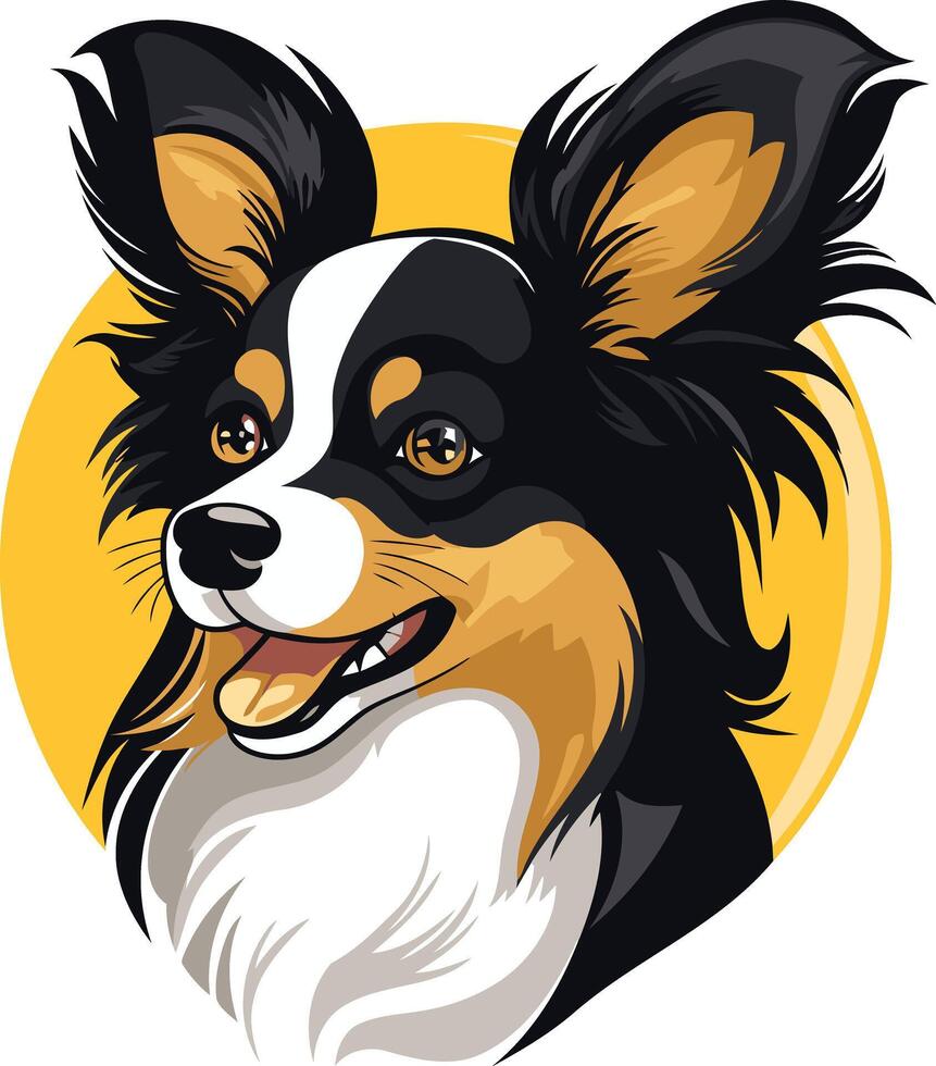 Cute cartoon illustration of a friendly black and tan papillon dog with big ears and a happy expression vector
