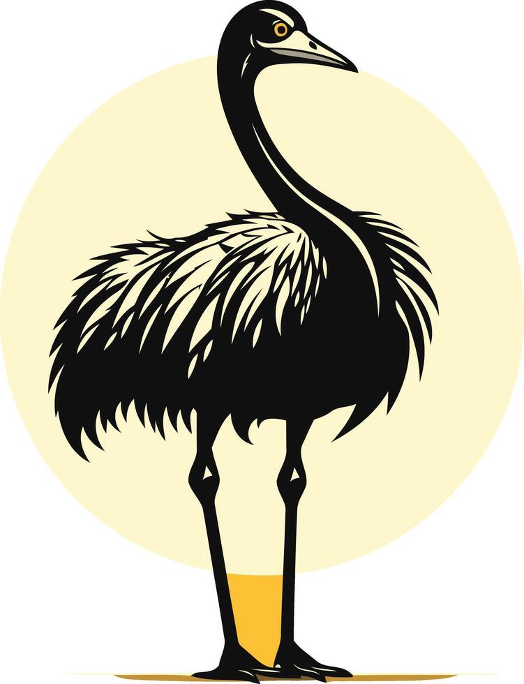 A striking silhouette of an emu standing tall against a vibrant yellow circle vector