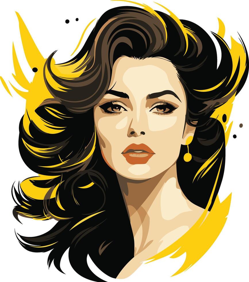 A stylish portrait of a beautiful woman with flowing black hair and a pop art inspired design vector