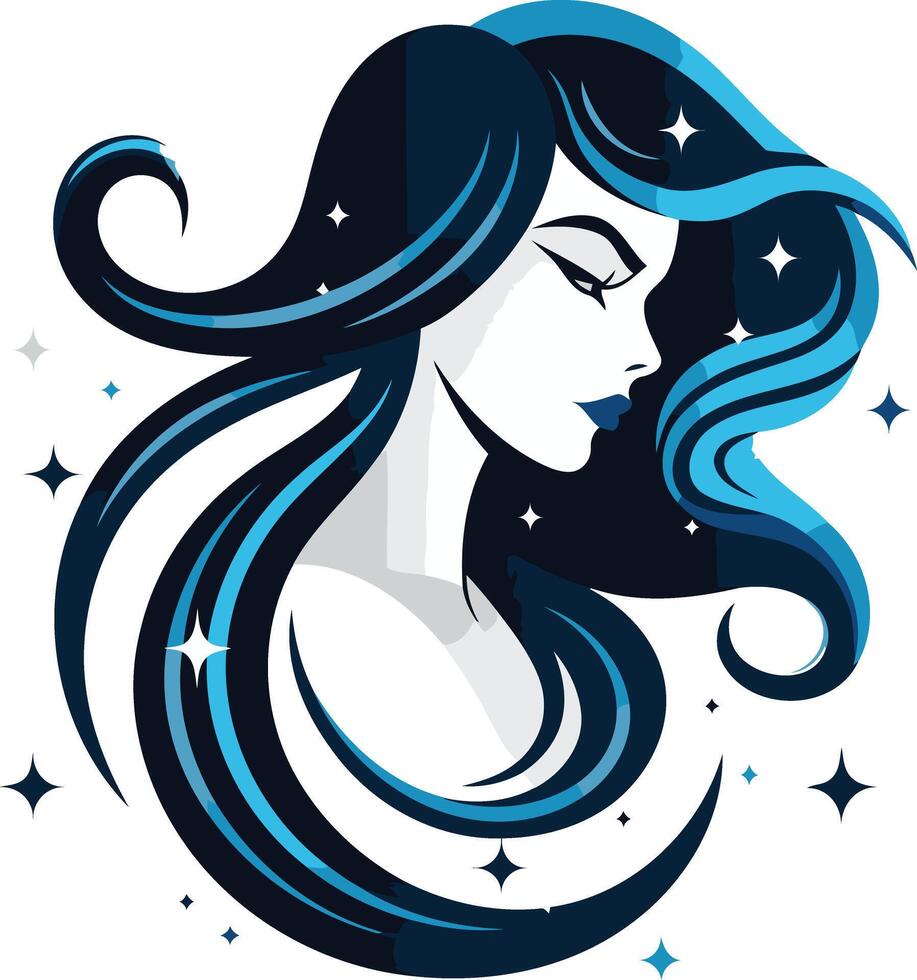 A stylish and abstract illustration of a woman's flowing hair, adorned with sparkling stars vector