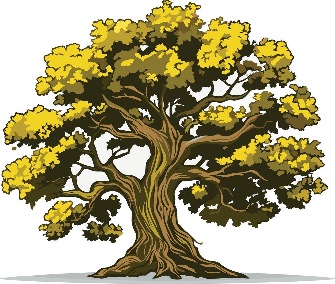 A hand-drawn illustration of a majestic oak tree with thick branches and deep roots vector