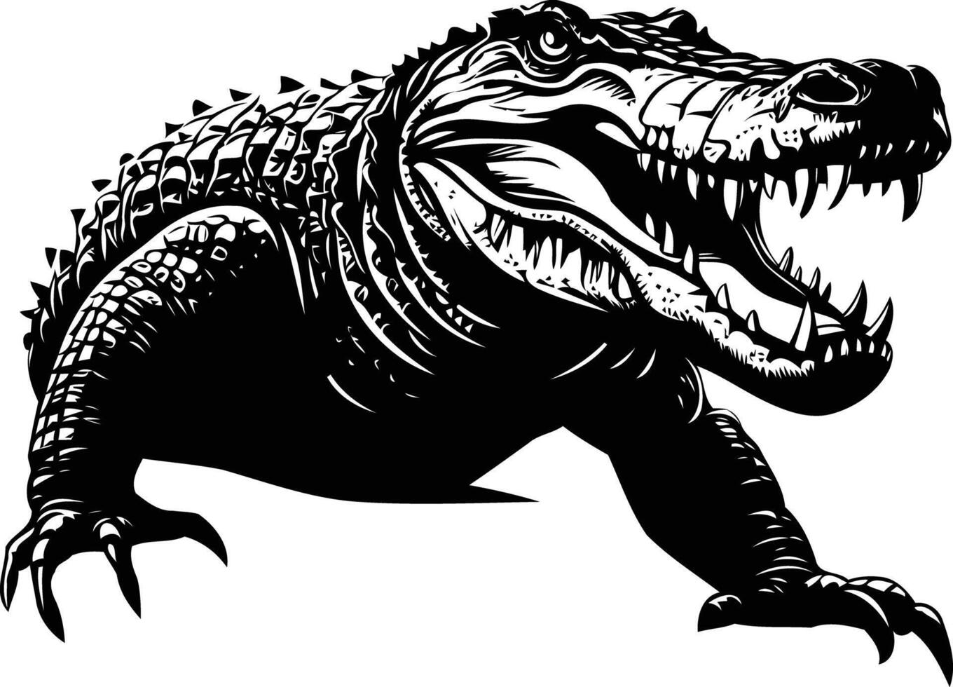 A fierce, black and white silhouette of an alligator with an open mouth, showing sharp teeth, ready to strike vector