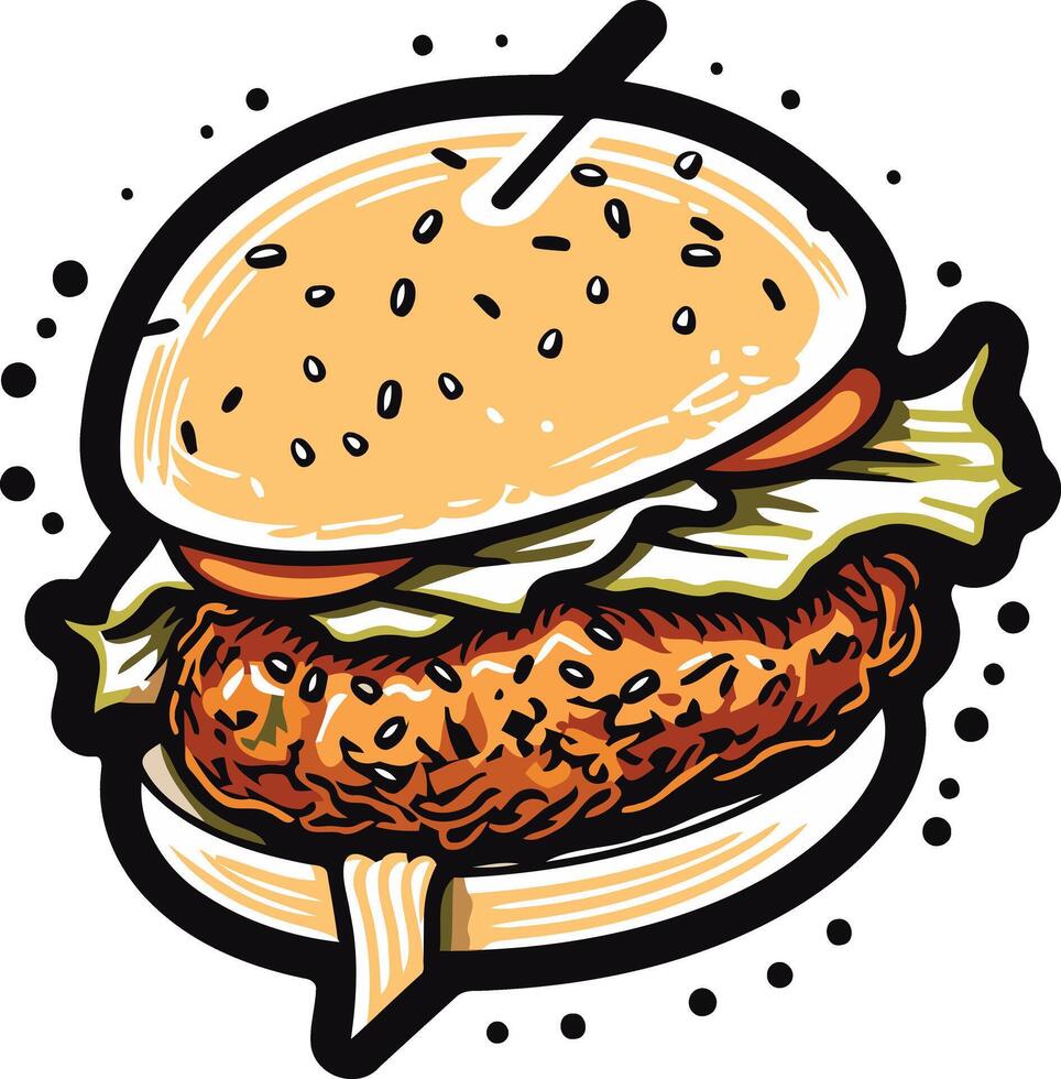 A juicy, cartoon-style burger with sesame seeds on the bun, lettuce, and a fried patty vector