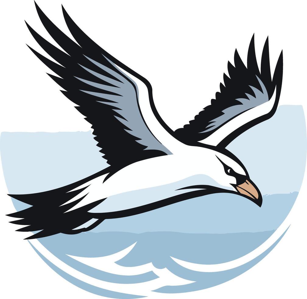 Sharp, illustration of a seagull in flight, perfect for nautical branding, tourism, or wildlife designs vector