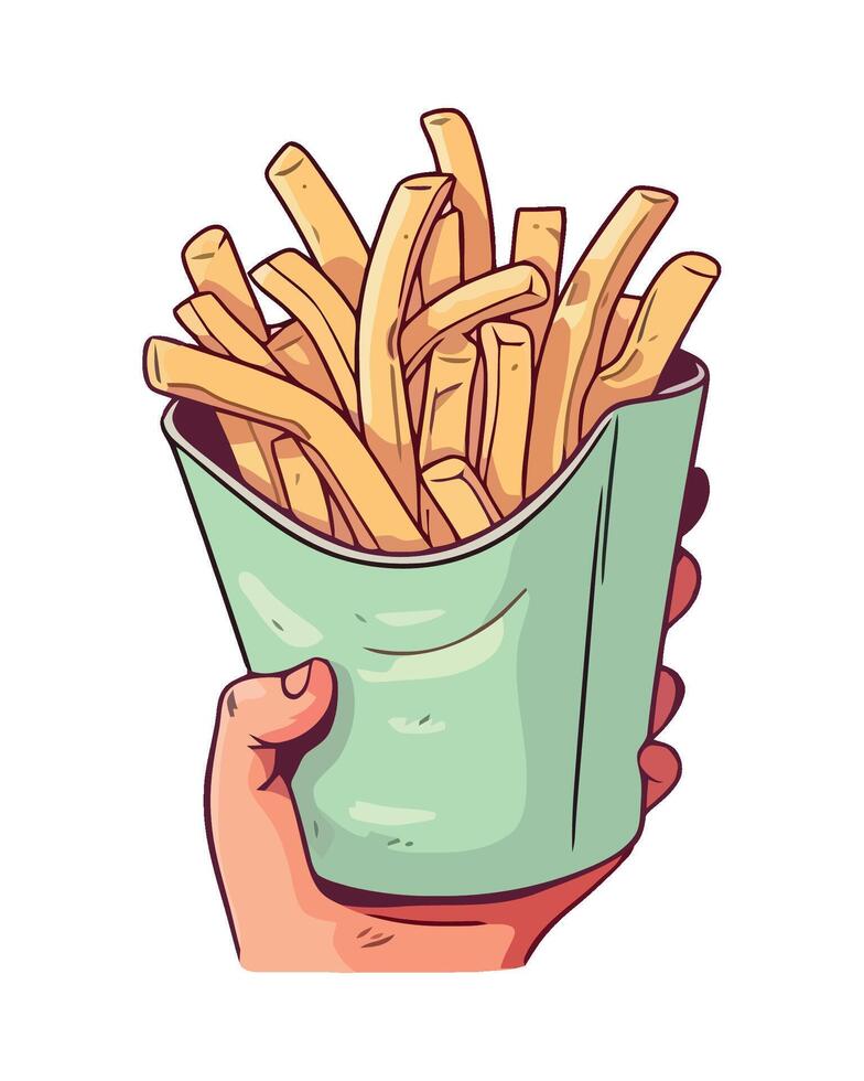 Hand holding a bucket of french fries vector