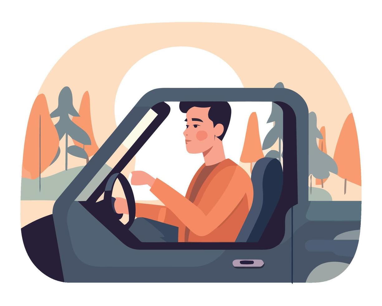 Man driving car in forest vector