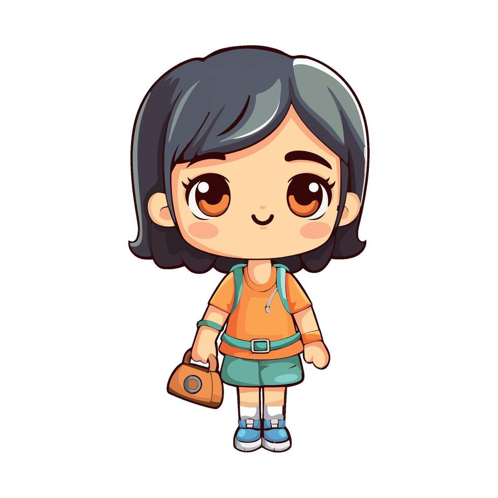 A cartoon girl with a backpack and a camera vector