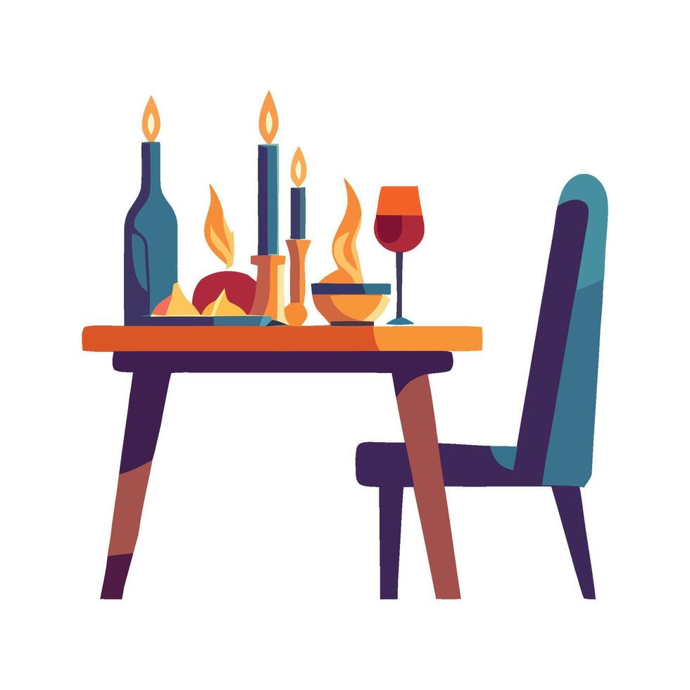 A table with a chair and two wine glasses vector
