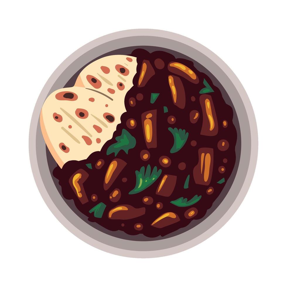 A bowl of black beans and bread with a slice of bread vector