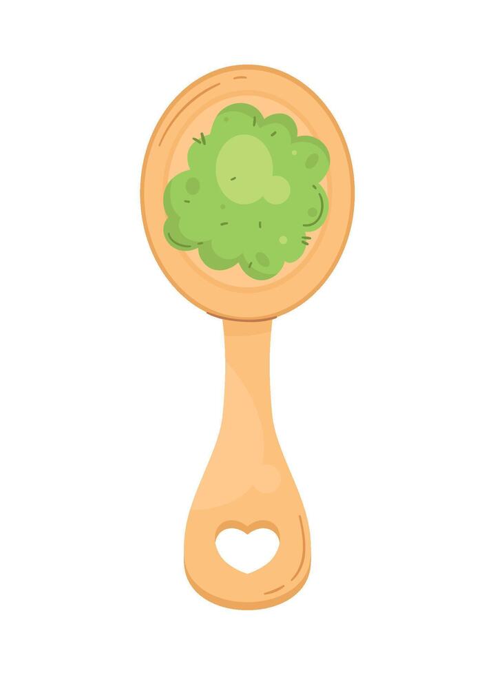 A wooden spoon with green food on it vector