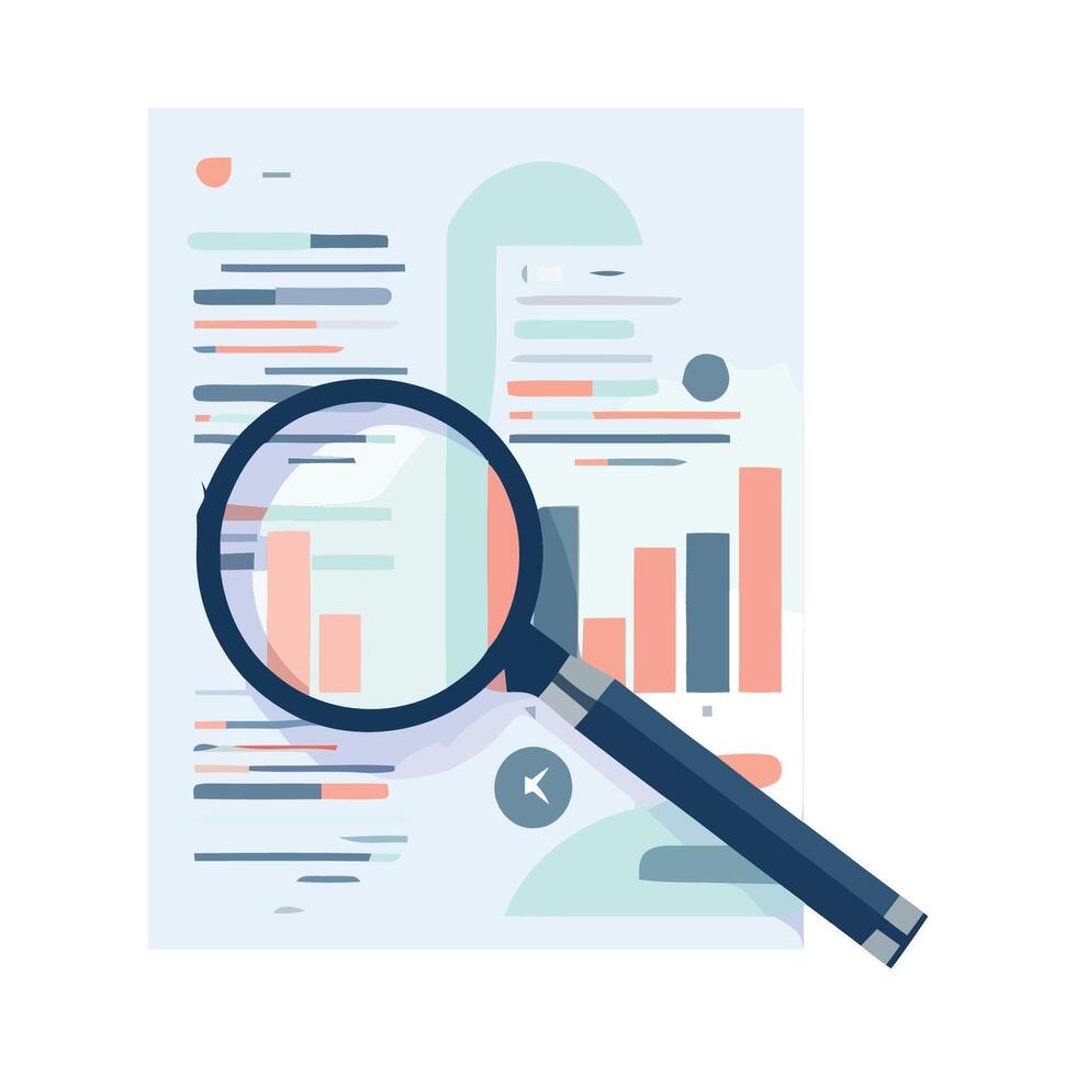 Magnifying glass on paper with graphs and charts vector