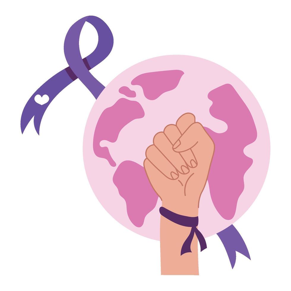A hand holding a purple ribbon and a globe vector