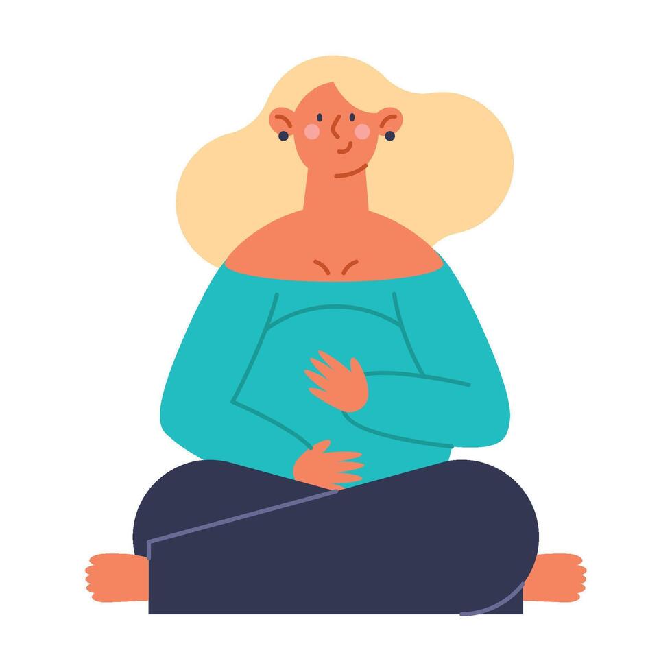 Pregnant woman sitting on the floor with her hands on her belly vector