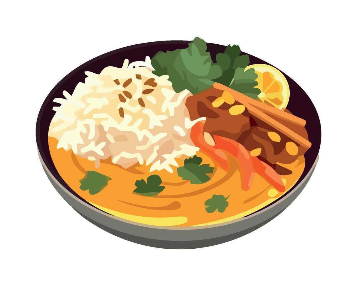 A bowl of curry with rice and vegetables vector