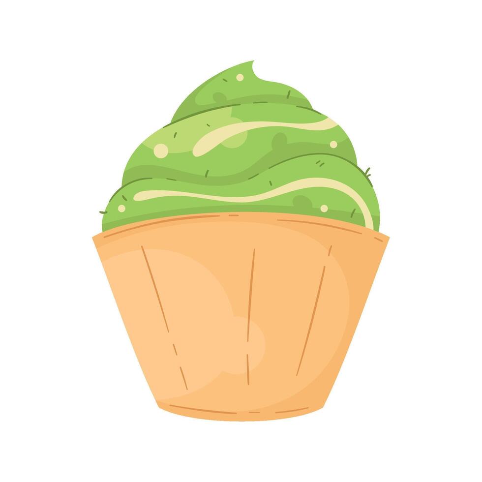 A cupcake with green frosting in a wooden bowl vector